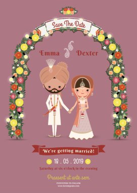 Hintli düğün gelin ve damat çizgi film romantik koyu pembe davet
