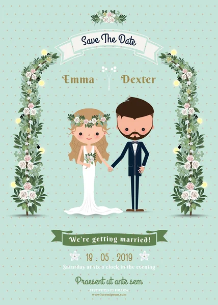 Hipster matrimonio invito carta sposa & sposo cartone animato spiaggia tema — Vettoriale Stock