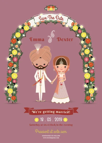 인도 결혼식 신부 및 신랑 만화 로맨틱 어두운 핑크 초대장 — 스톡 벡터