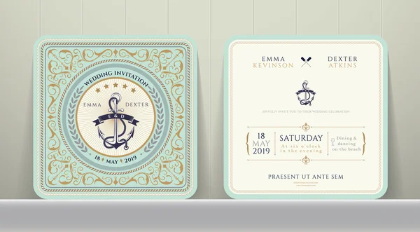 Vintage Nautical Anchors Wedding Invitation Card in Classic Style — Stock Vector