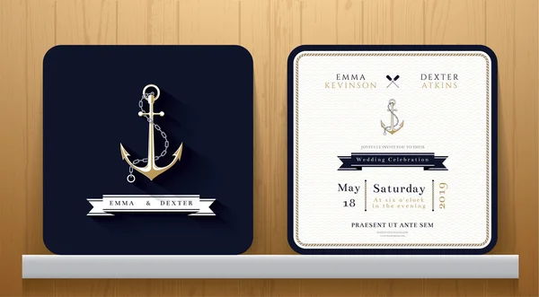 Vintage Nautica ancore Wedding Invitation Card in Navy Blue Tema — Vettoriale Stock