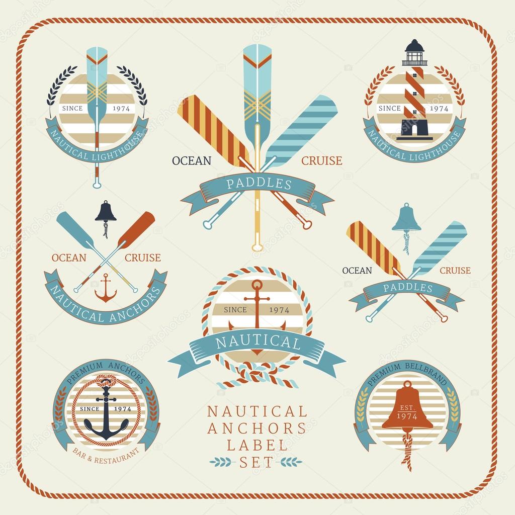 Nautical anchors label  set in blue, yellow and red colours