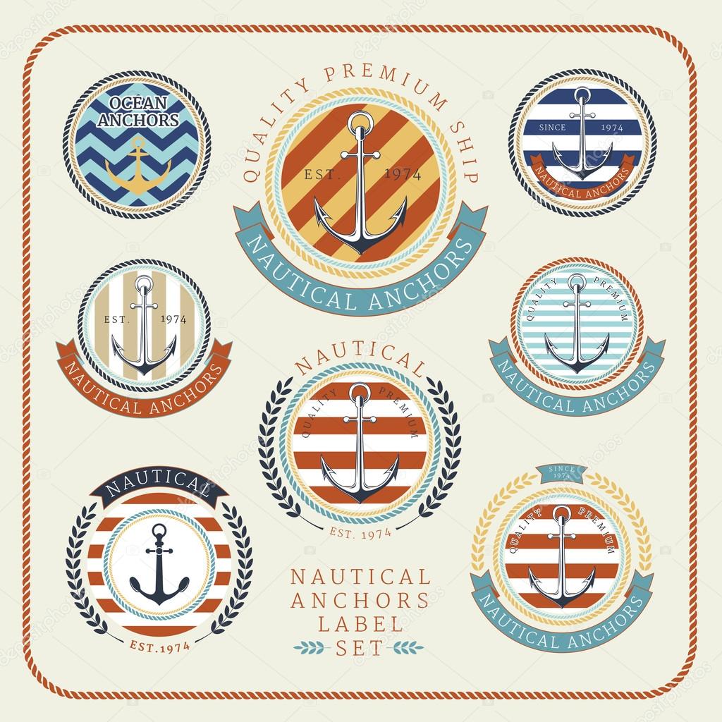 Nautical anchors label  set in blue, yellow and red colours