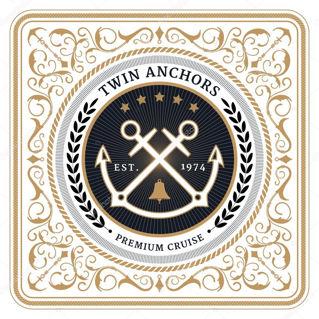 Nautical twin anchors retro card with Square Frame