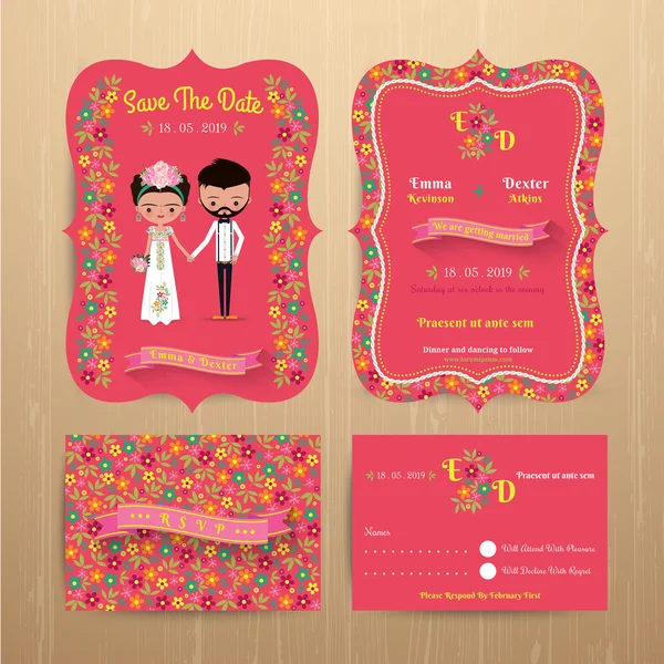 Novia y novio rústico floral boda invitación tarjeta con guardar la fecha y rsvp — Vector de stock