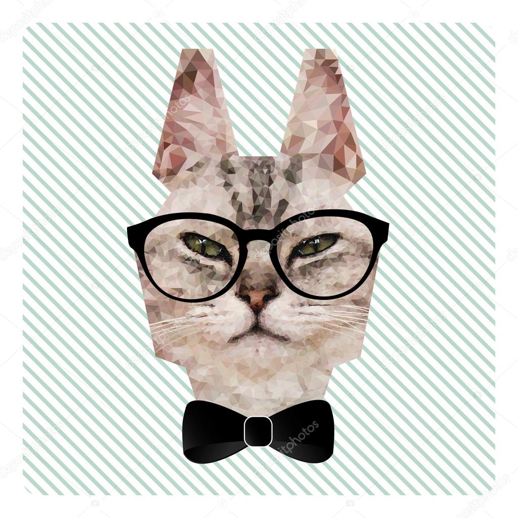 Polygonal Fashion Portrait of Hipster Cat in Glasses and Bow Tie