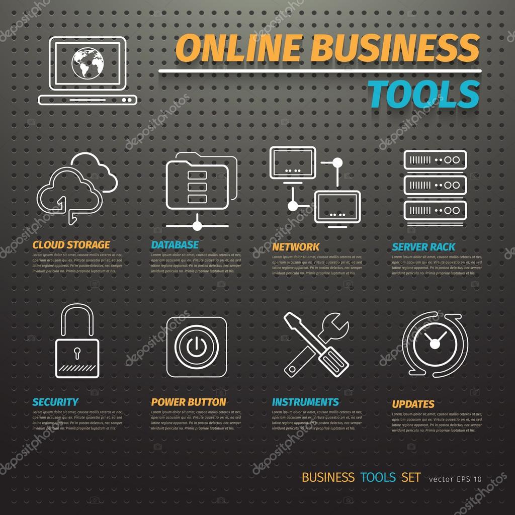 Online business tools on dark pegboard with icons set