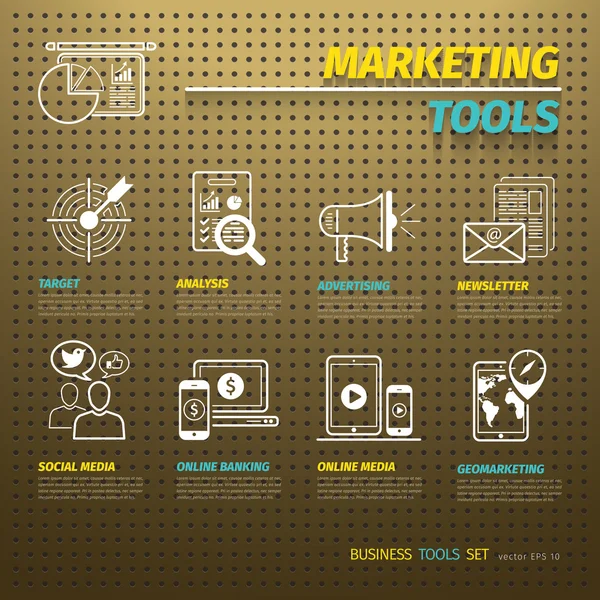 Herramientas de marketing en Brown Pegboard — Vector de stock