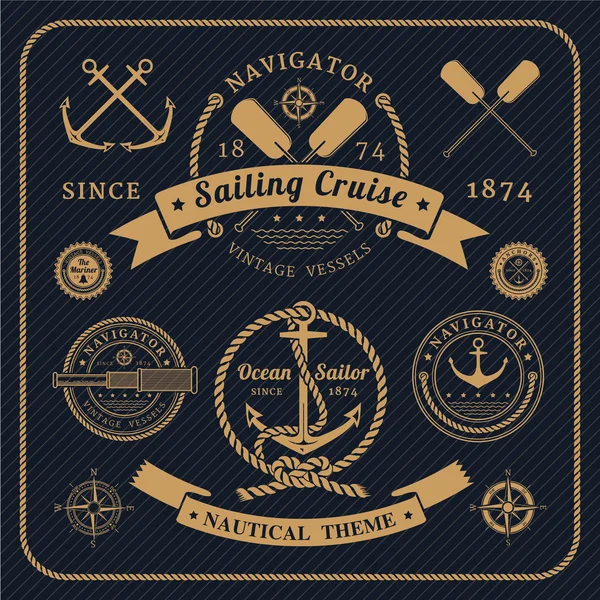 Vintage nautical labels set on dark background — Stock Vector