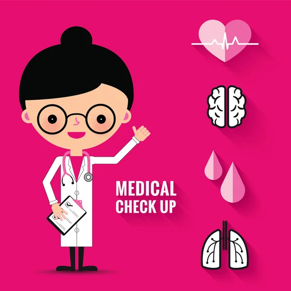 Medical check up with woman doctor characters. — Stock Vector