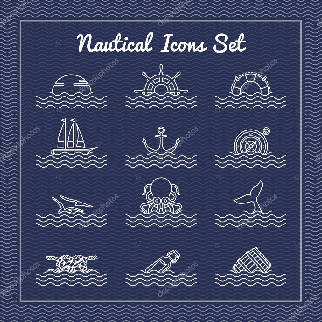Nautical icons set with wave background