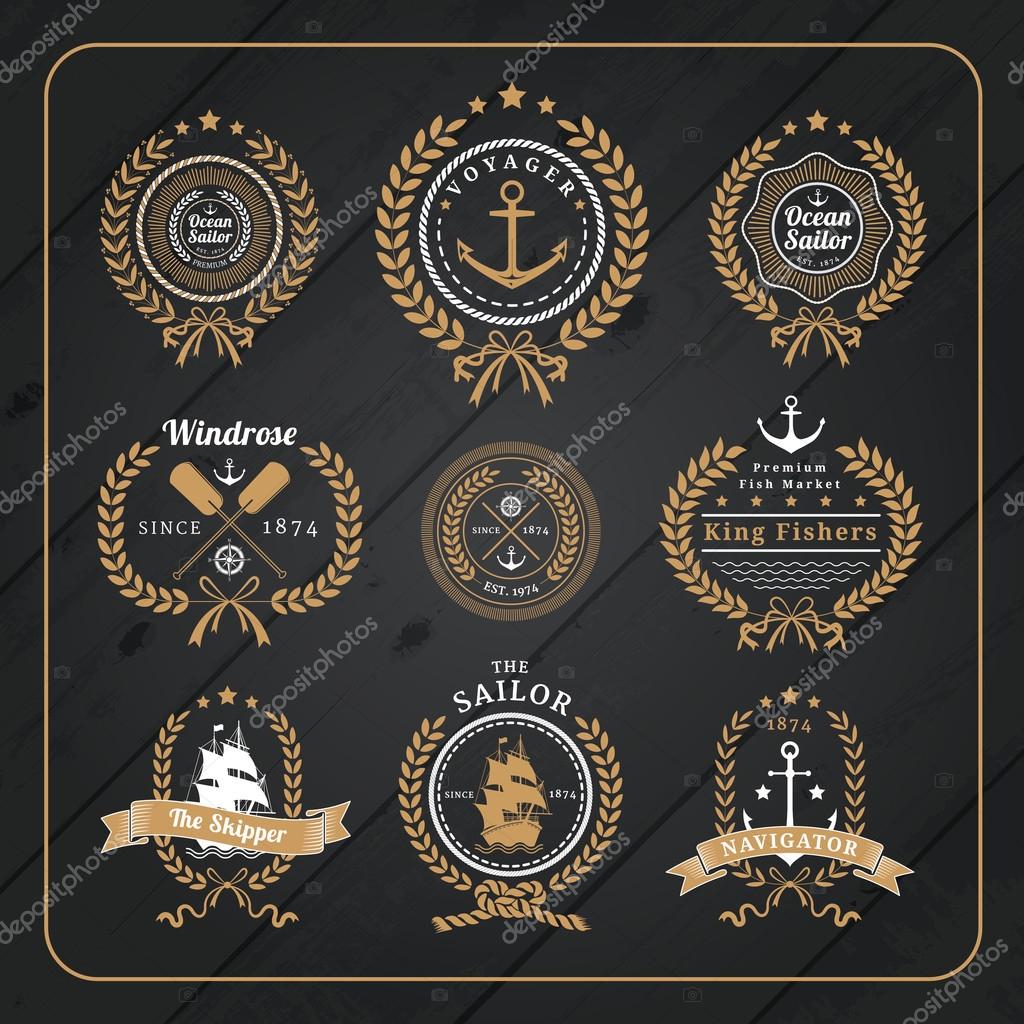Vintage nautical wreath labels logo set and design element on dark wood background.