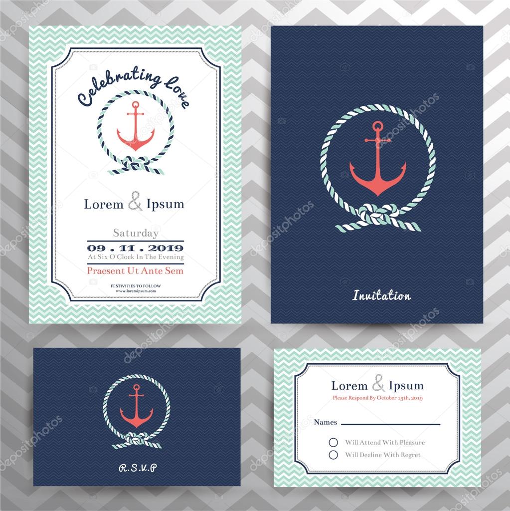 Nautical wedding invitation and RSVP card template set in anchor and rope design element.