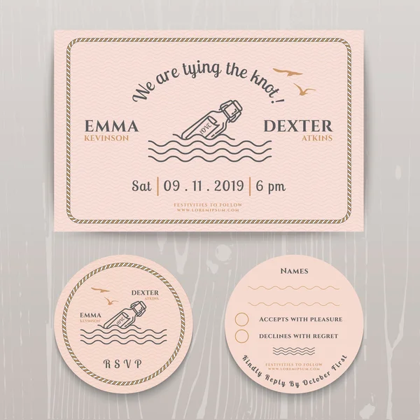 Conjunto de invitación de boda de casa de luz náutica y plantilla de tarjeta RSVP — Archivo Imágenes Vectoriales