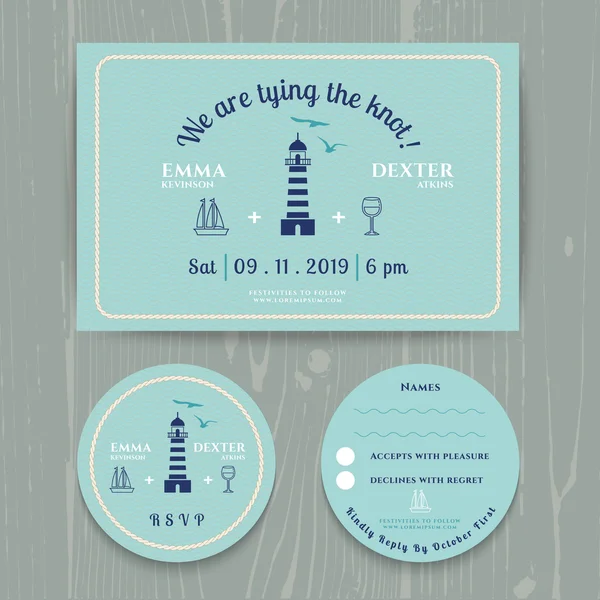 Nautical light house undangan pernikahan dan templat kartu RSVP ditata - Stok Vektor