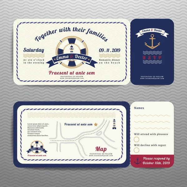 Deniz bilet düğün davetiyesi ve Rsvp kartı çapa ipi tasarımı ile — Stok Vektör