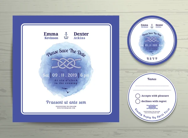 Nautisches Binden des Knoten Aquarell Hochzeitseinladung und rsvp card template set — Stockvektor