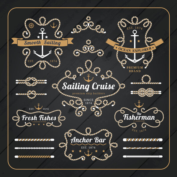 Vintage nautical rope frame labels set on dark wood background