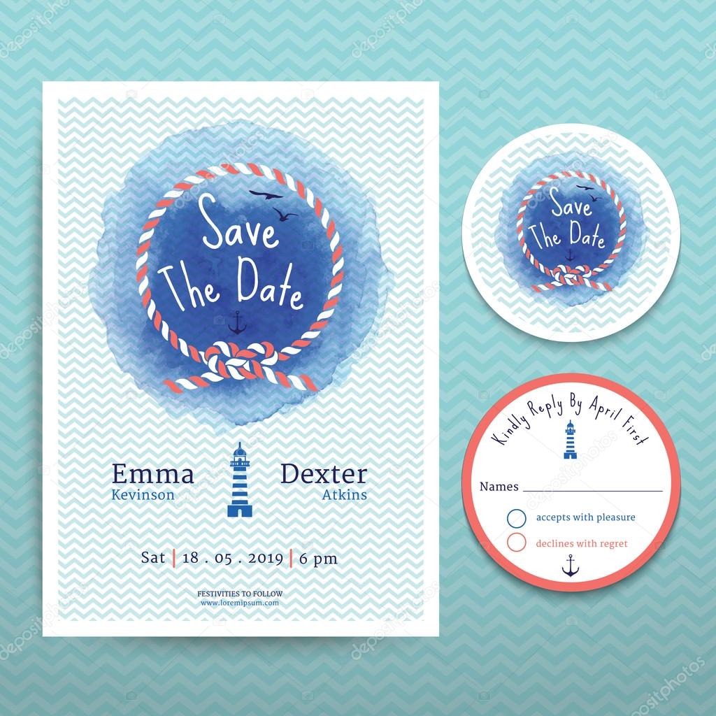 Nautical rope water colour wedding invitation and RSVP card template