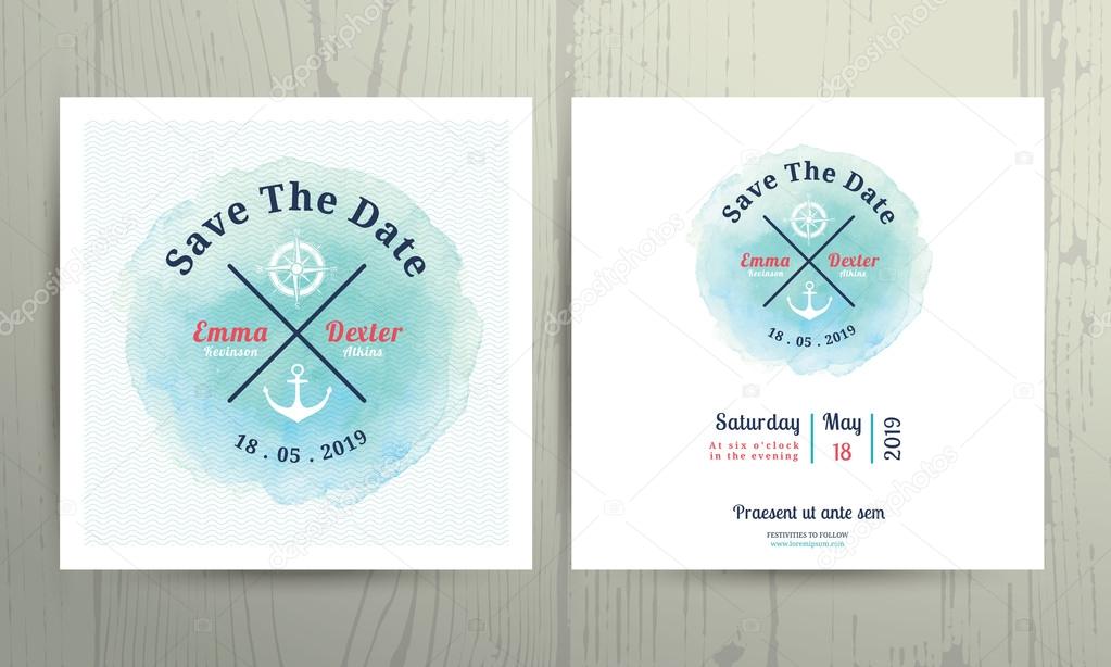 Nautical water colour wedding invitation card template set