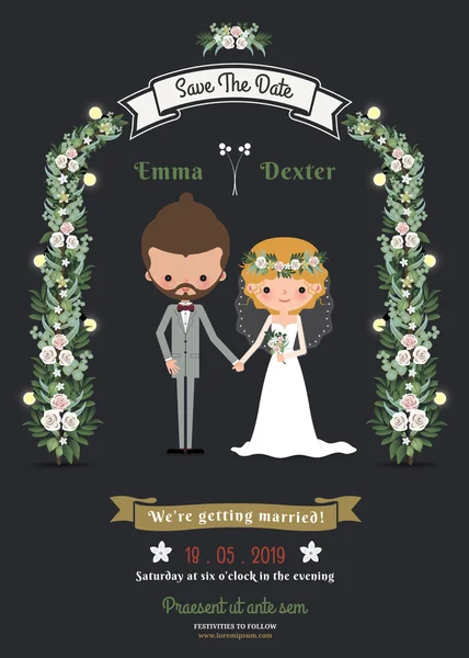 Rustic hipster romantic cartoon couple wedding card — Stock Vector