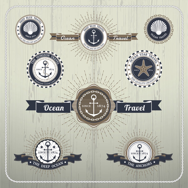 Nautical anchor travel labels with ray burst and ribbon