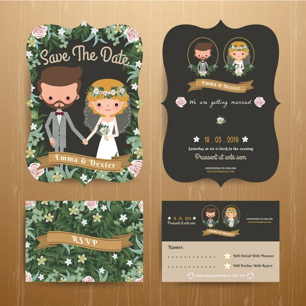 Rustic bohemian cartoon couple wedding card template set — Stock Vector