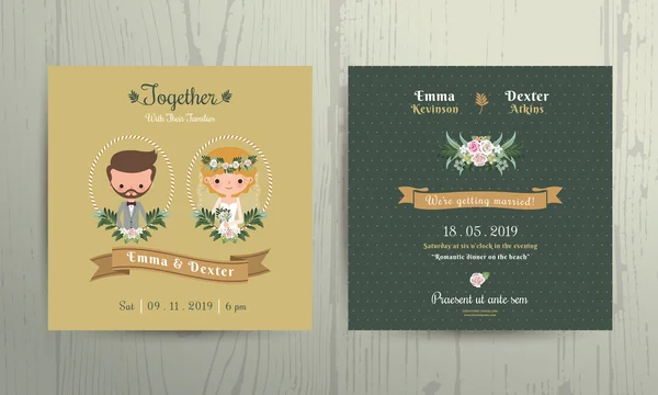 Matrimonio invito carta cartone animato sposa e sposo ritratto — Vettoriale Stock