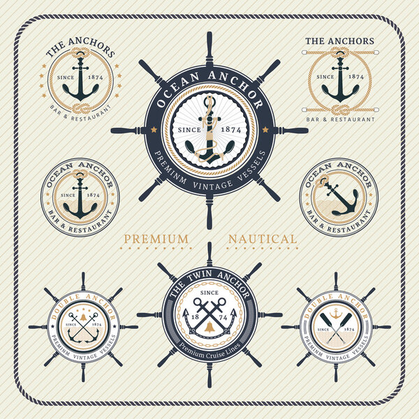 Vintage nautical steering wheel and anchor labels set