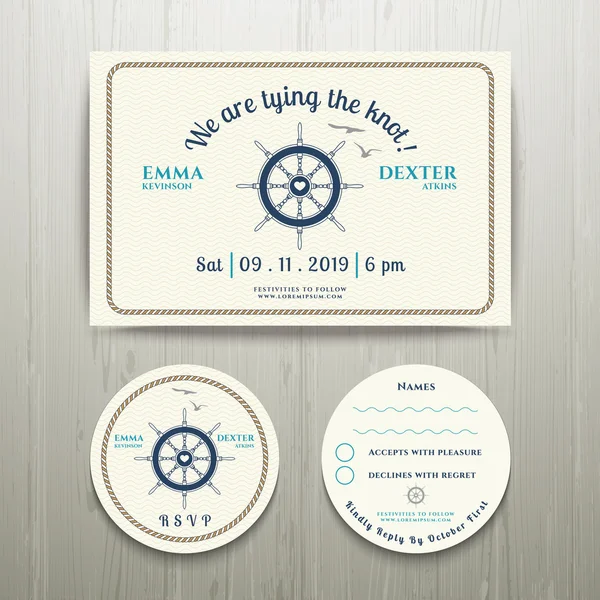 Nautique nous attachons l'invitation de mariage de noeud et la carte RSVP — Image vectorielle