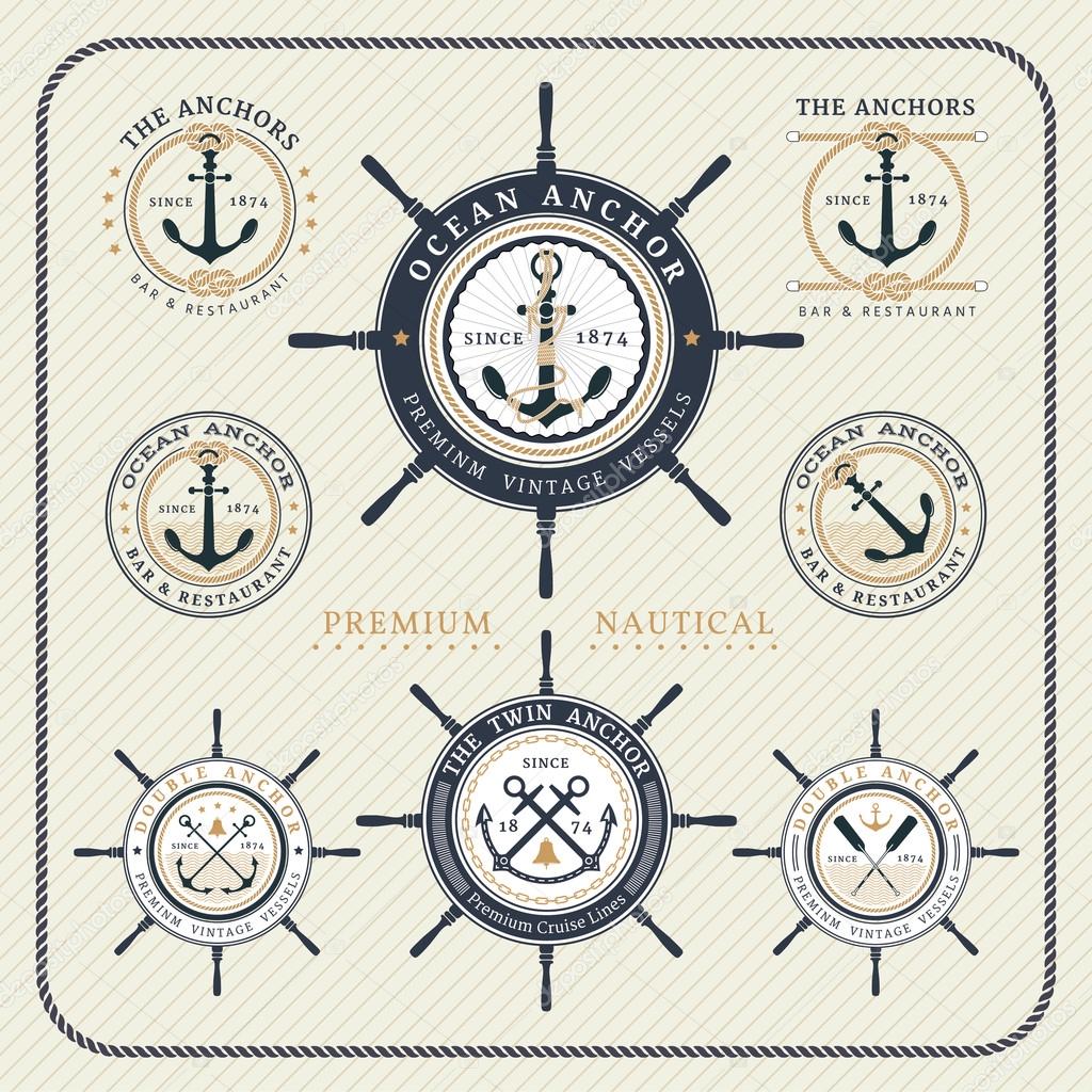 Vintage nautical steering wheel and anchor labels set