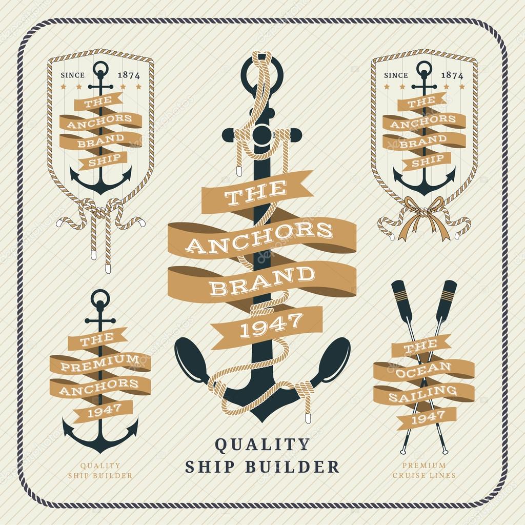 Vintage nautical anchor and ribbon labels set