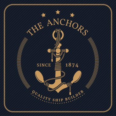 Vintage nautical anchor and tied rope label on dark background clipart