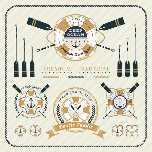 Vintage nautical lifebuoy and paddles label set — Stock Vector