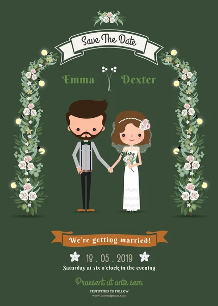 Rustic hipster cartoon couple wedding card — Stock Vector