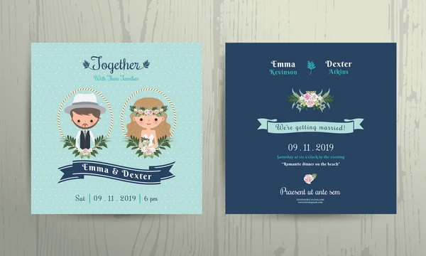 Casamento convite cartão praia tema desenho animado noiva e noivo retrato —  Vetores de Stock