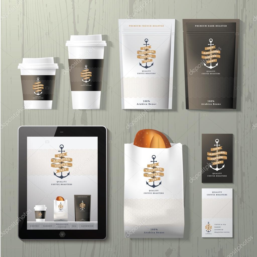 The anchors coffee shop corporate identity template design set on wood background