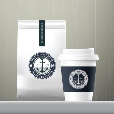 Blue anchor coffee cup and food paper bag breakfast set clipart