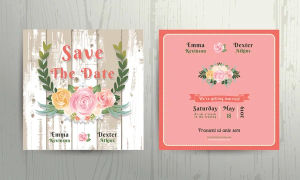 Corona de rosas florales guardar la plantilla de tarjeta de invitación de boda fecha — Vector de stock