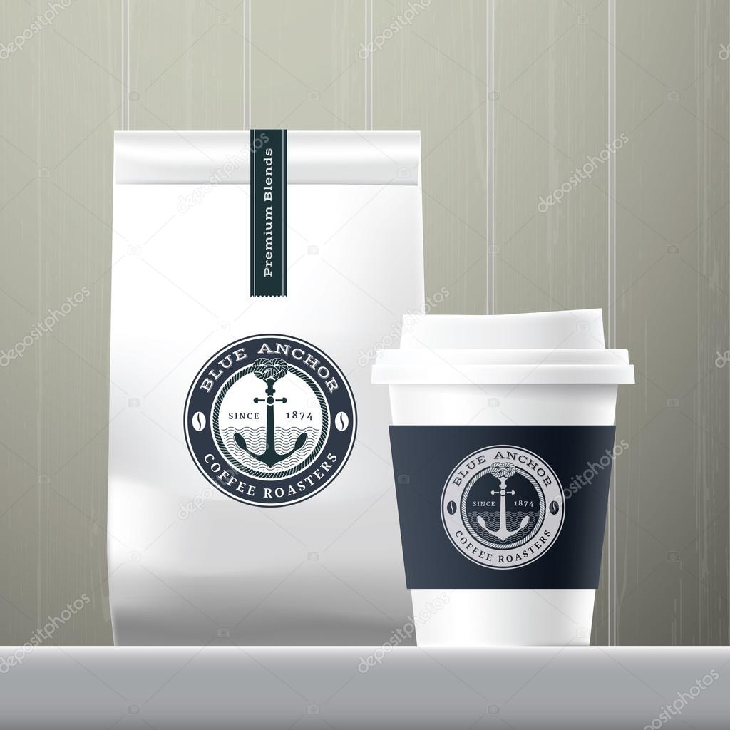 Blue anchor coffee cup and food paper bag breakfast set on wood background