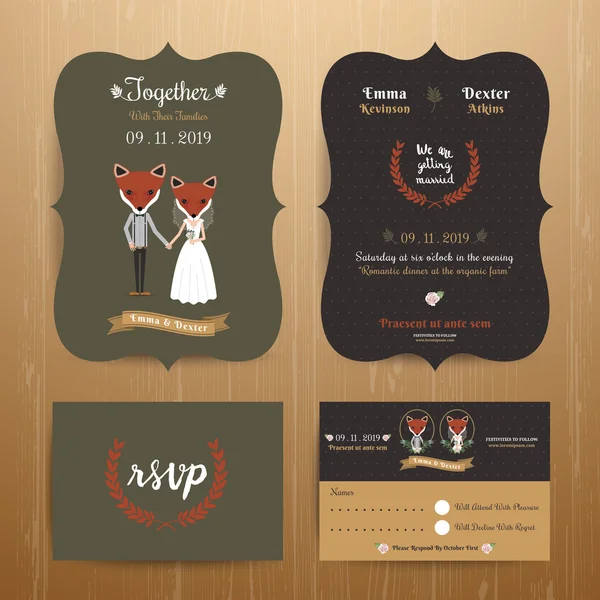 Animal Braut und Bräutigam Cartoon Hochzeitseinladung rsvp Kartenset — Stockvektor