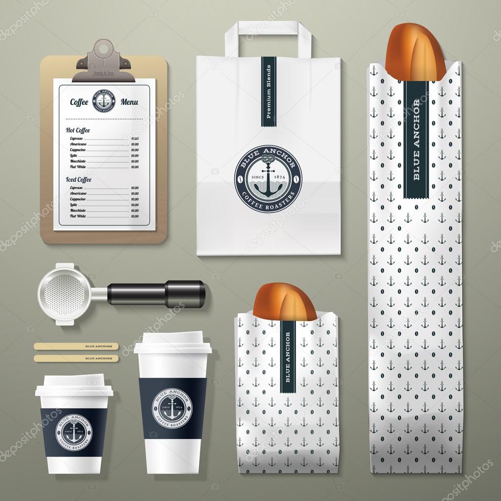 Blue anchor coffee shop corporate identity template design set. Take away mock up.