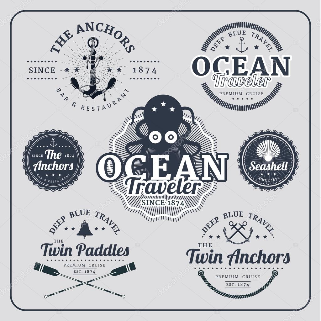 Vintage nautical labels vector set in blue colour