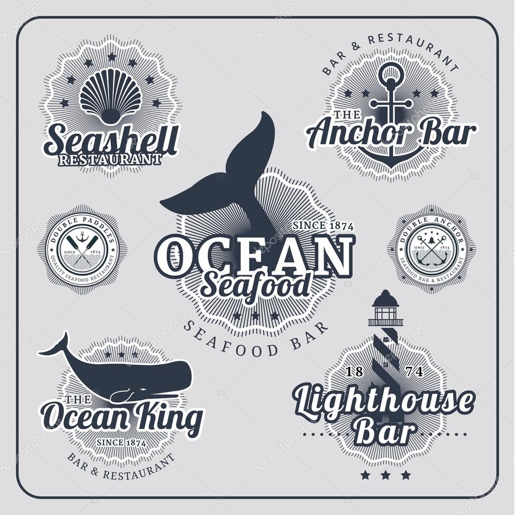 Vintage restaurant nautical labels vector set in blue colour