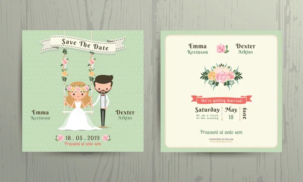 Rustic wedding cartoon bride and groom couple invitation card — Stock Vector