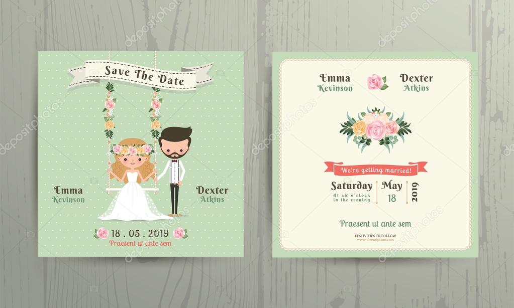 Rustic wedding cartoon bride and groom couple invitation card