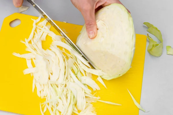 Girl Cuts Cabbage Shawarma Plate Top View — Stock Photo, Image