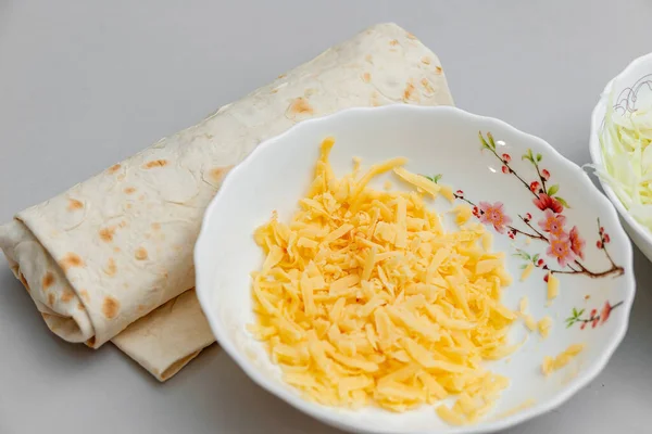 Finished Shawarma Lies Next Sliced Cheese Deep Plate — Stock Photo, Image