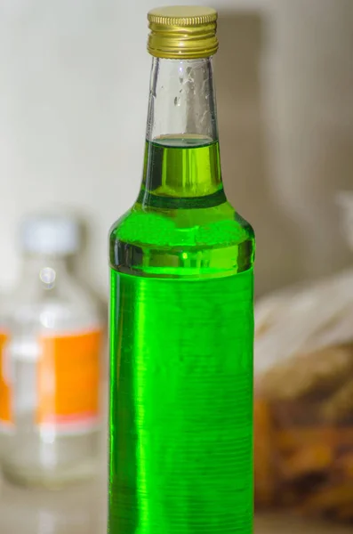 Bottle Melon Flavored Green Syrup Circulating Room Selective Focus Soft Royalty Free Stock Photos