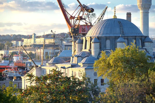 伊斯坦布尔的旧清真寺圆顶和码头起重机 — 图库照片